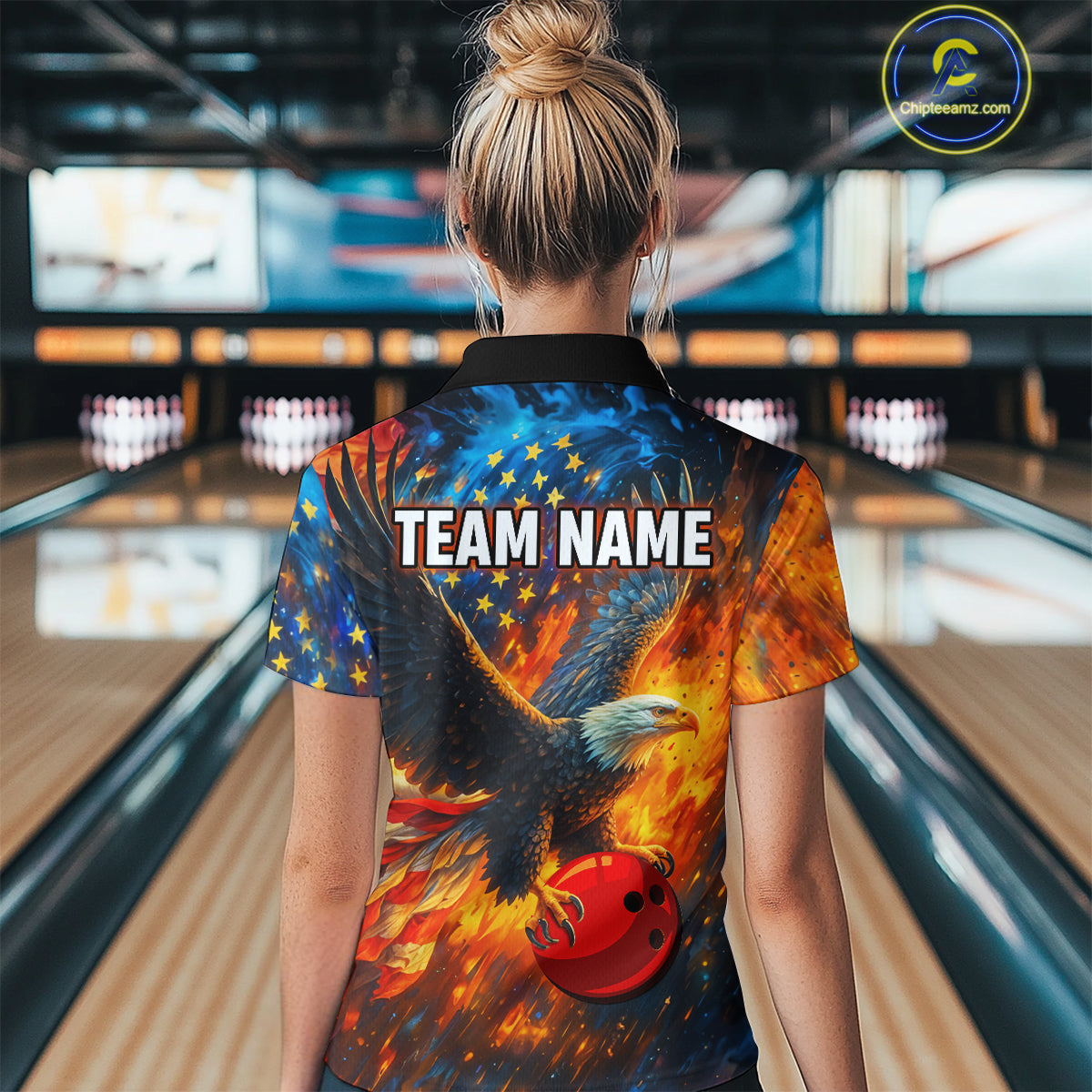 Personalized Orange Flaming American Flag Bowling Shirt For Women Custom Eagle Bowling Team Jersey TDM4642