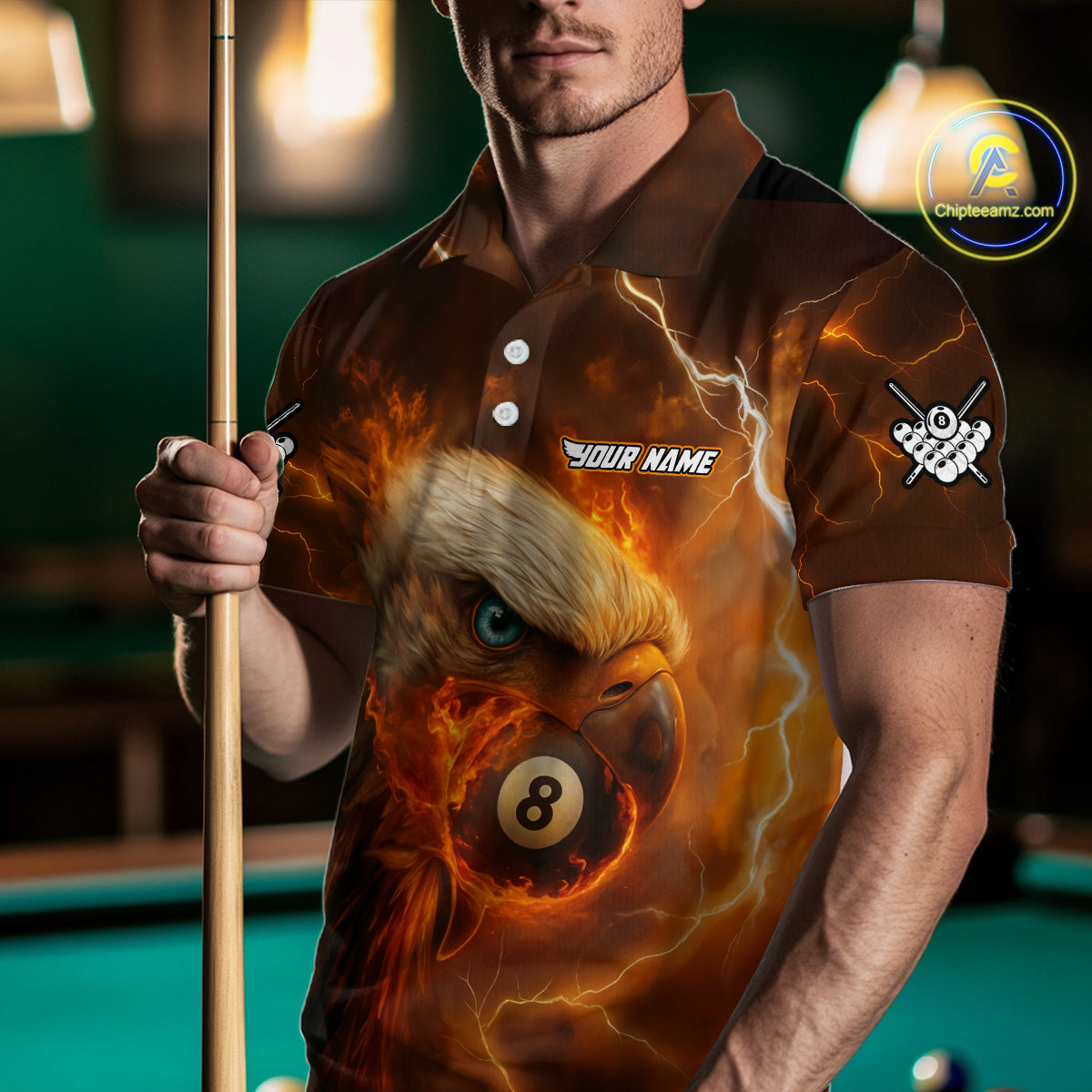 Personalized Eagle Thunder Lightning Orange Billiard Shirt For Men Custom 8 Ball Pool Team Jerseys TDM4241