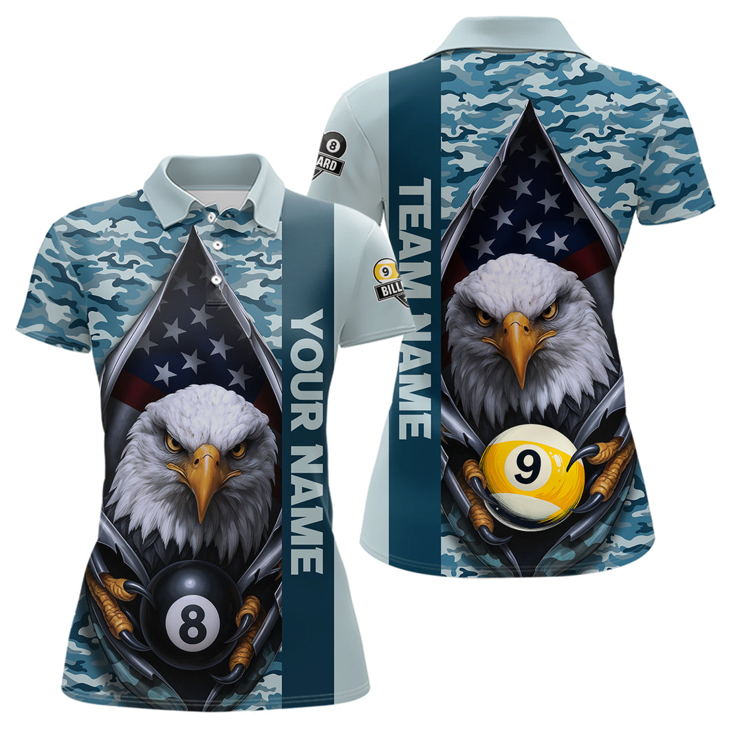 Blue Camo American Flag Eagle 8 Ball & 9 Ball Pool Jersey For Women Custom Billiard Team Shirt TDM4660