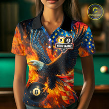 Load image into Gallery viewer, Personalized Orange Flaming US Flag 8 Ball &amp; 9 Ball Eagle Billiard Shirt For Women, Pool Team Jersey TDM4259