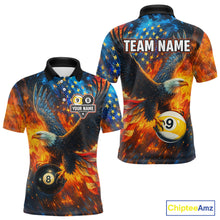 Load image into Gallery viewer, Personalized Orange Flaming US Flag 8 Ball &amp; 9 Ball Eagle Billiard Shirt For Men, Pool Team Jersey TDM4259