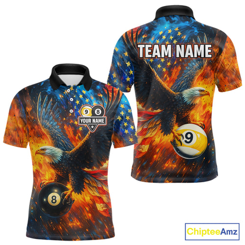 Personalized Orange Flaming US Flag 8 Ball & 9 Ball Eagle Billiard Shirt For Men, Pool Team Jersey TDM4259