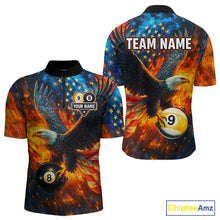 Load image into Gallery viewer, Personalized Orange Flaming US Flag 8 Ball &amp; 9 Ball Eagle Billiard Shirt For Men, Pool Team Jersey TDM4259