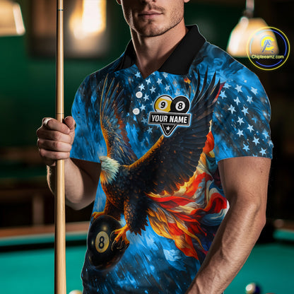 Personalized Blue Flaming US Flag 8 Ball & 9 Ball Eagle Billiard Shirt For Men, Pool Team Jersey TDM4260