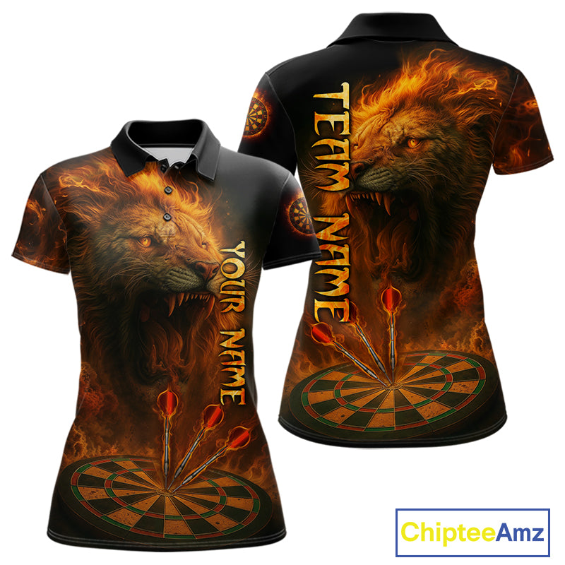 Personalized Fire Flame Lion Darts Shirt For Women Custom Orange Darts League Jersey Polo & 1/4 Zip TDM4678