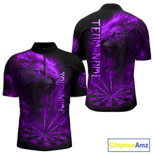 Load image into Gallery viewer, Personalized Fire Flame Lion Darts Shirt For Men Custom Purple Darts League Jersey Polo &amp; 1/4 Zip TDM4679