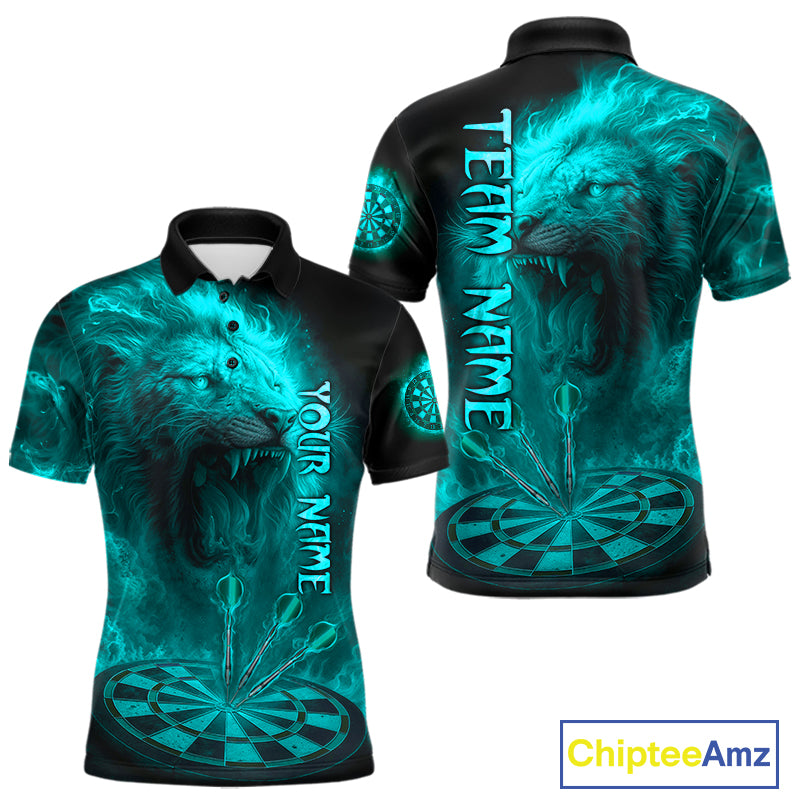 Personalized Turquoise Fire Flame Lion Darts Shirt For Men, Dart League Jersey Polo & 1/4 Zip TDM4680