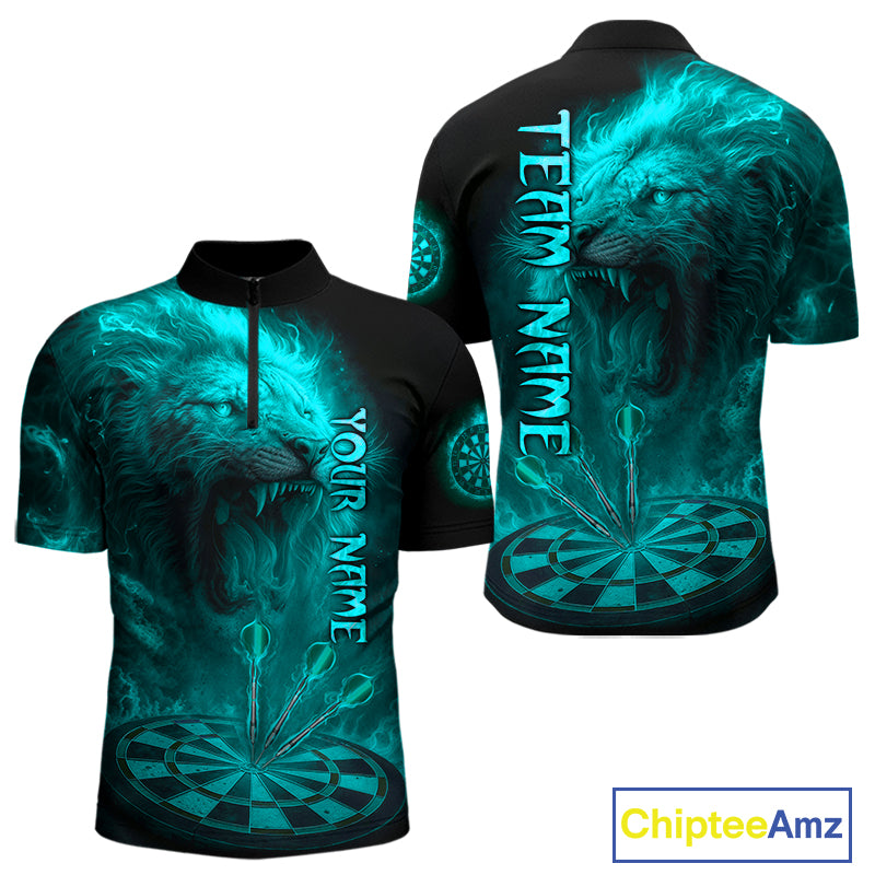 Personalized Turquoise Fire Flame Lion Darts Shirt For Men, Dart League Jersey Polo & 1/4 Zip TDM4680
