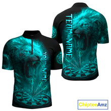 Load image into Gallery viewer, Personalized Turquoise Fire Flame Lion Darts Shirt For Men, Dart League Jersey Polo &amp; 1/4 Zip TDM4680