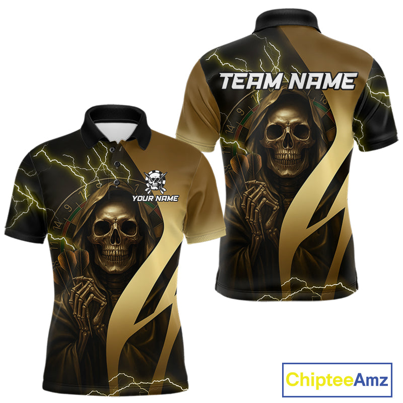 Personalized Golden Grim Reaper Lightning Darts Shirt For Men, Darts Team Jersey Polo &1/4 Zip TDM4271