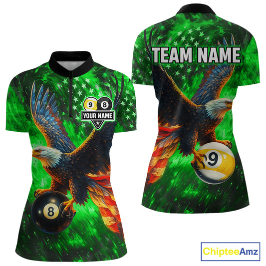 Personalized Green Flaming US Flag 8 Ball & 9 Ball Eagle Billiard Shirt For Women, Pool Team Jersey TDM4437