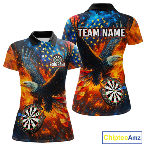 Personalized Orange Flaming US Flag Eagle Darts Shirt For Women, Patriotic Darts Team Jerseys TDM4438