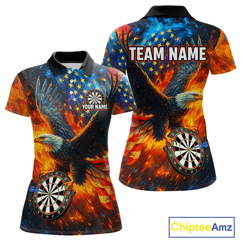 Personalized Orange Flaming US Flag Eagle Darts Shirt For Women, Patriotic Darts Team Jerseys TDM4438