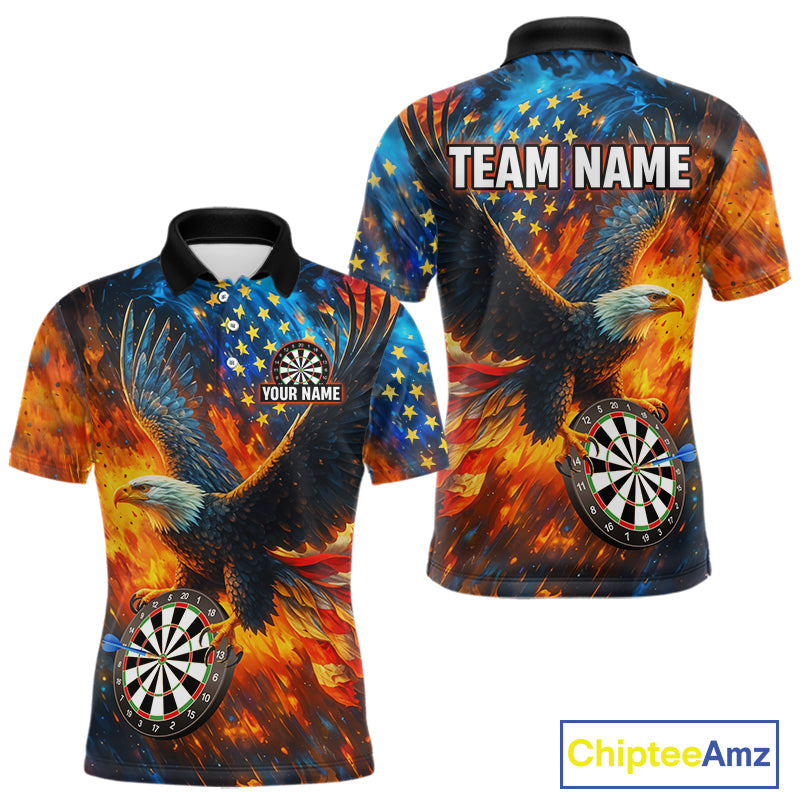 Personalized Orange Flaming US Flag Eagle Darts Shirt For Men, Patriotic Darts Team Jerseys TDM4438