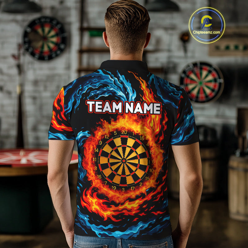 Personalized Blue And Orange Flame Darts Shirt For Men | Custom Storm Fire Team Darts Jersey TDM4274