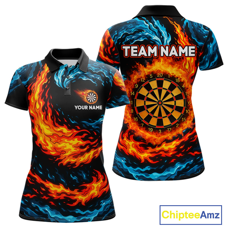 Personalized Blue And Orange Flame Darts Shirt For Women | Custom Storm Fire Team Darts Jersey TDM4274