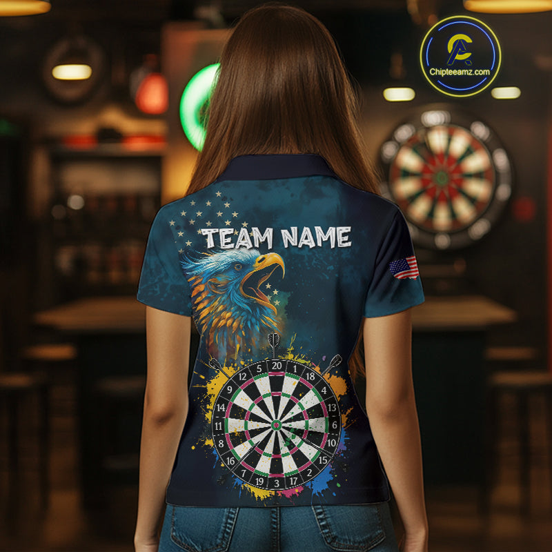 Funny Colorful Dartboard Eagle Darts Shirt For Women Custom Navy Blue US Flag Darts Team Jersey TDM4292
