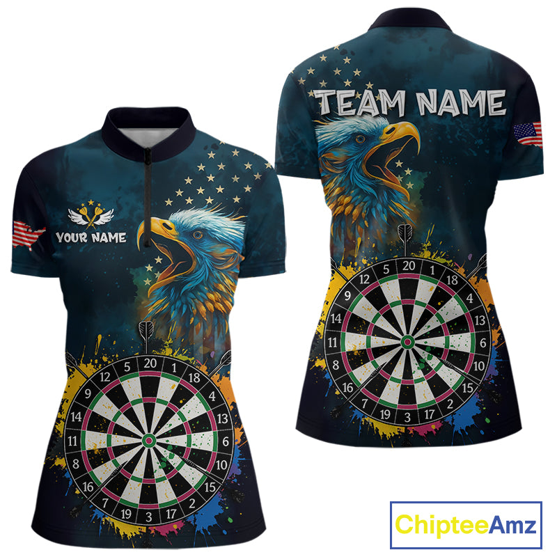 Funny Colorful Dartboard Eagle Darts Shirt For Women Custom Navy Blue US Flag Darts Team Jersey TDM4292