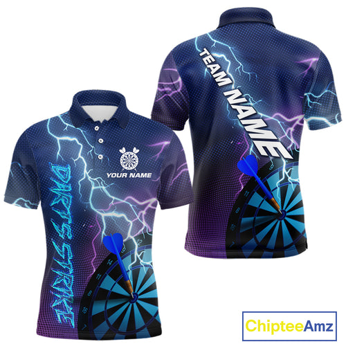 Custom Purple Blue Lightning Strike Dart Shirts For Men, Darts Team Jersey Polo & 1/4 Zip Outfit TDM4140