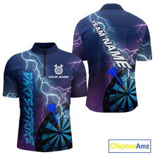 Load image into Gallery viewer, Custom Purple Blue Lightning Strike Dart Shirts For Men, Darts Team Jersey Polo &amp; 1/4 Zip Outfit TDM4140
