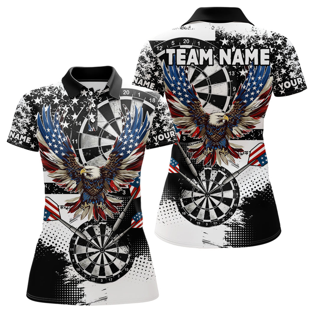 Custom Dart Shirt For Women, Grunge Eagle American Flag Black White Polo, 1/4 Zip Darts Jersey TDM3877