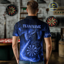 Load image into Gallery viewer, Blue Flaming Dragon Darts Jersey For Men Custom Polo &amp; Quarter Zip Darts League Team Shirt TDM4557