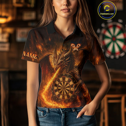 Orange Flaming Dragon Darts Jersey For Women Custom Polo & Quarter Zip Darts League Team Shirt TDM4555