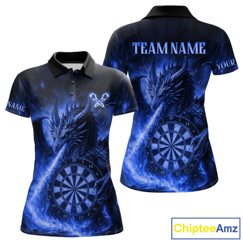 Blue Flaming Dragon Darts Jersey For Women Custom Polo & Quarter Zip Darts League Team Shirt TDM4557