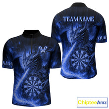 Load image into Gallery viewer, Blue Flaming Dragon Darts Jersey For Men Custom Polo &amp; Quarter Zip Darts League Team Shirt TDM4557