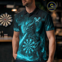 Load image into Gallery viewer, Turquoise Flaming Dragon Darts Jersey For Men Custom Polo &amp; Quarter Zip Darts League Team Shirt TDM4587