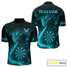 Load image into Gallery viewer, Turquoise Flaming Dragon Darts Jersey For Men Custom Polo &amp; Quarter Zip Darts League Team Shirt TDM4587