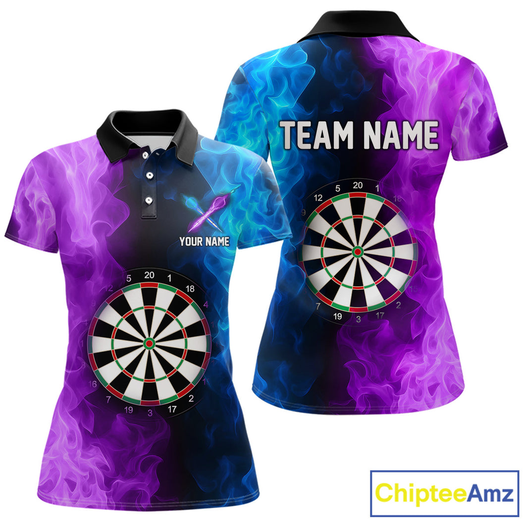 Blue And Purple Custom Fire Darts Shirt For Women, Personalized Darts Team Jersey Polo & 1/4 Zip TDM4207