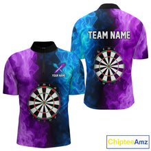 Load image into Gallery viewer, Blue And Purple Custom Fire Darts Shirt For Men, Personalized Darts Team Jersey Polo &amp; 1/4 Zip TDM4207