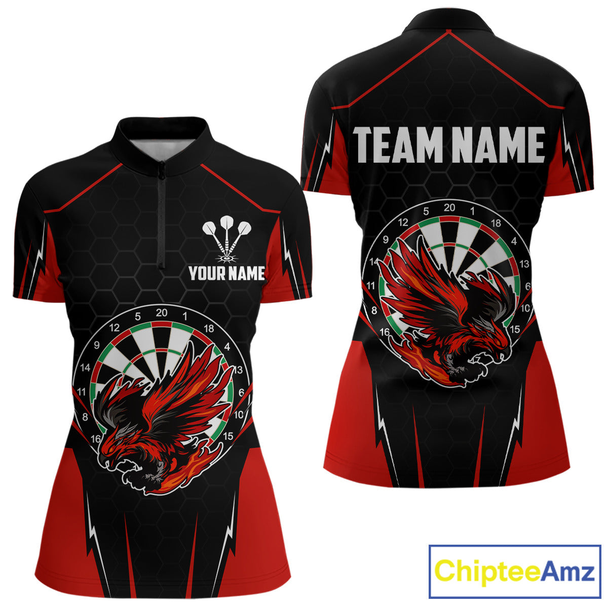 Custom Women's Darts Quarter-Zip Shirts Red & Black Eagle Dartboard For Darts Jersey NYN0769