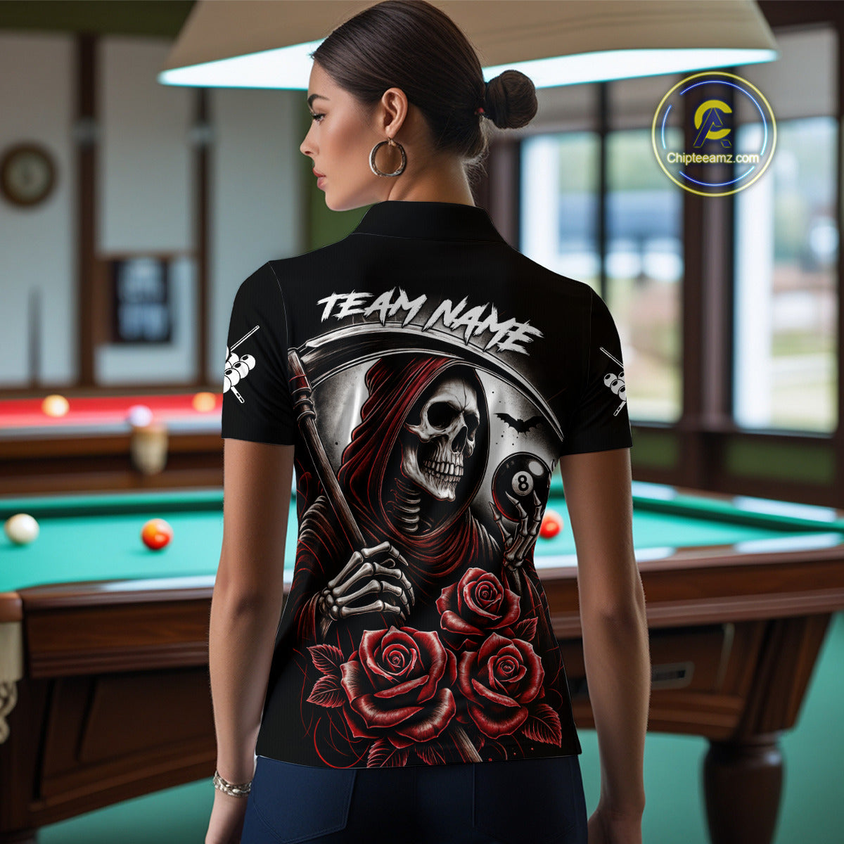 Grim Reaper 8 Ball Pool Roses Billiard Shirt For Women Custom Funny Pool Team Shirt Design |Red TDM4235