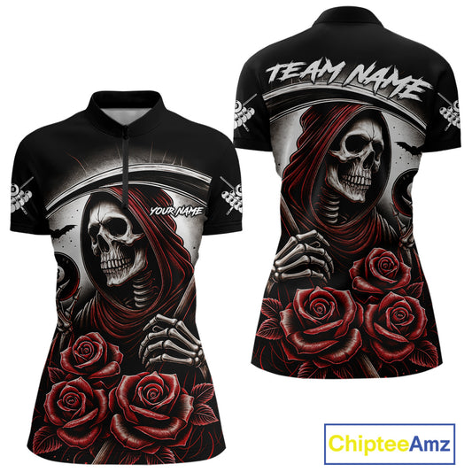 Grim Reaper 8 Ball Pool Roses Billiard Shirt For Women Custom Funny Pool Team Shirt Design |Red TDM4235