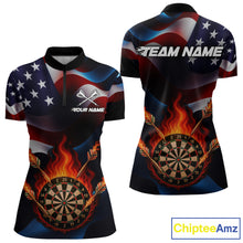 Load image into Gallery viewer, Personalized Flaming Dartboard American Flag Darts Shirt For Women Custom Patriotic Dart Team Jersey TDM4682