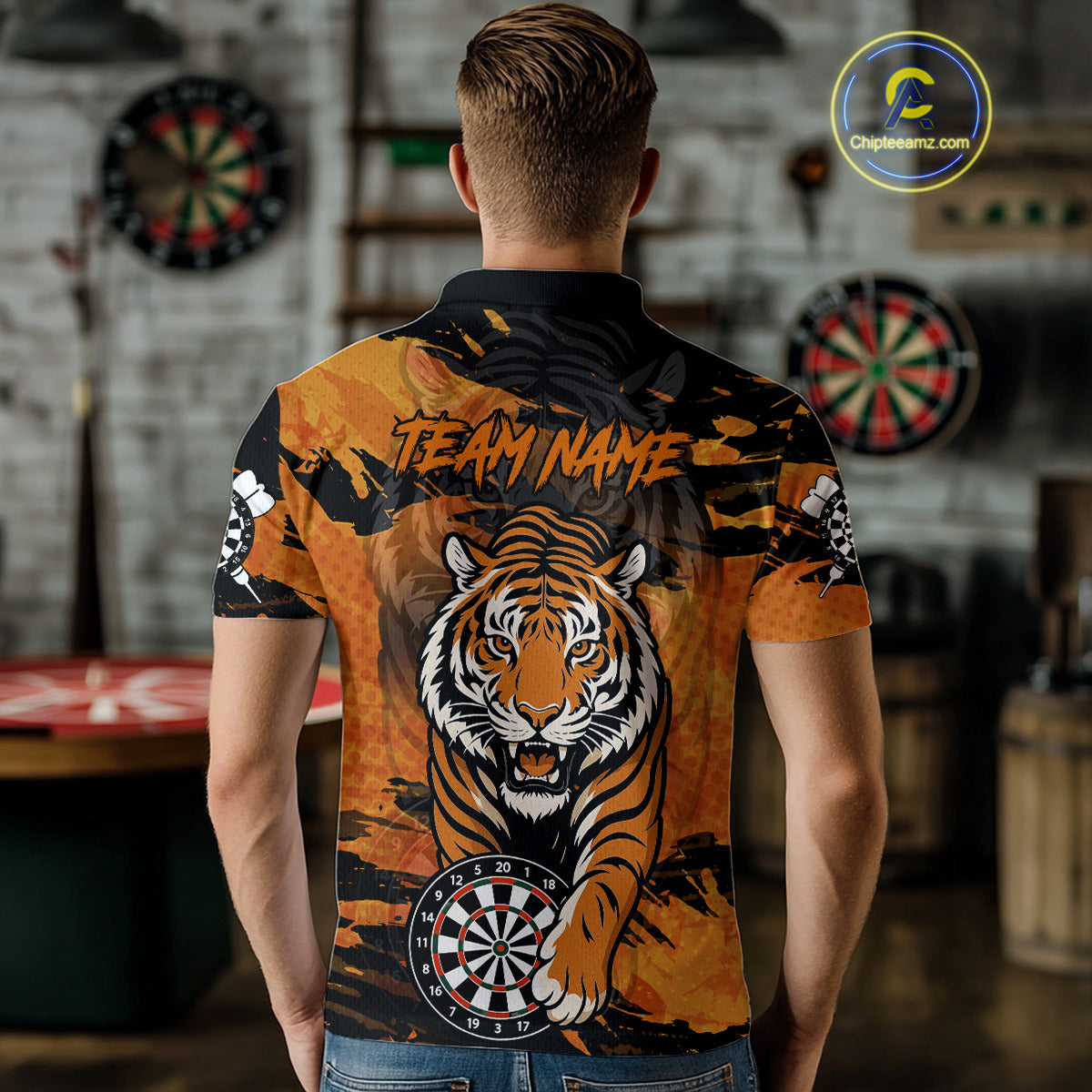 Personalized Black And Orange Tiger Darts Shirt For Men Custom Darts Jersey Team Polo & 1/4 Zip TDM4275