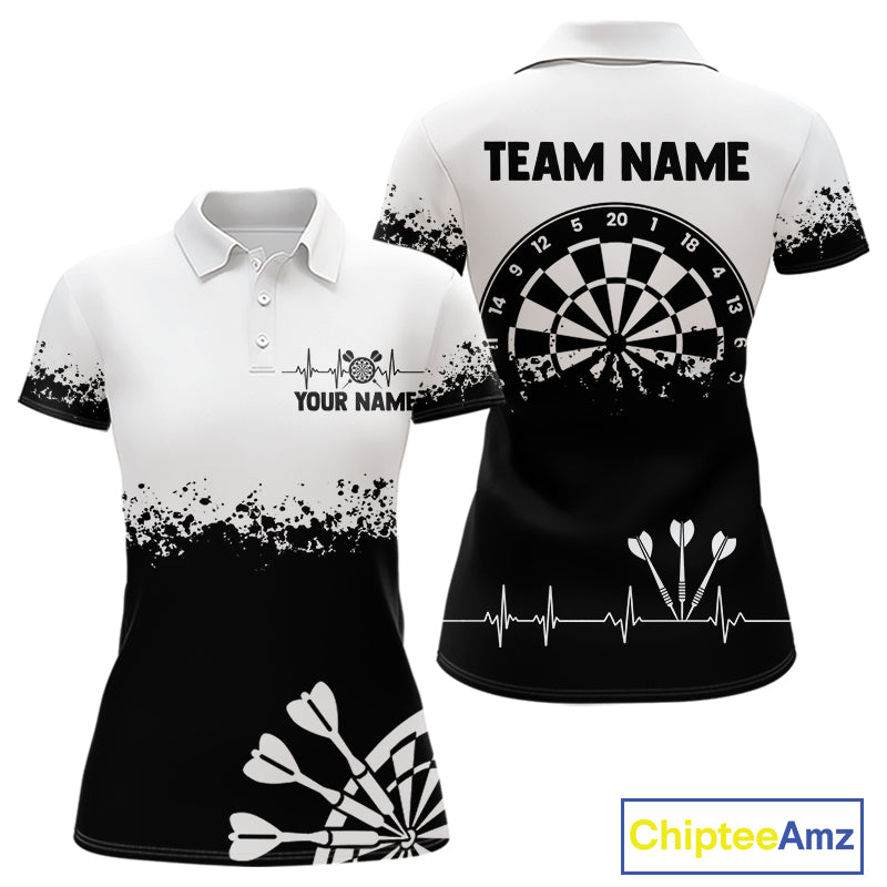 Personalized White Black Heartbeat Darts Shirt For Women Custom Grunge Darts Jersey Polo & 1/4 Zip TDM4530