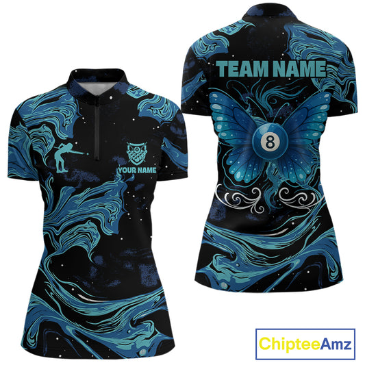 Custom Teal Blue Marble Billiard Shirt For Women, 8 Ball Butterfly Pool Team Jersey Polo & 1/4 Zip TDM4776