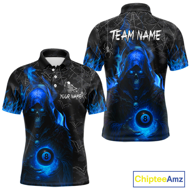 Customized Blue Flaming Grim Reaper 8 Ball Pool Billiard Shirt For Men, Halloween Billiard Outfit TDM4789