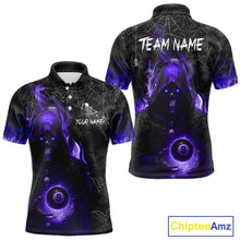 Load image into Gallery viewer, Customized Purple Flame Grim Reaper 8 Ball Pool Billiard Shirt For Men, Halloween Billiard Outfit TDM4790