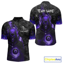 Load image into Gallery viewer, Customized Purple Flame Grim Reaper 8 Ball Pool Billiard Shirt For Men, Halloween Billiard Outfit TDM4790