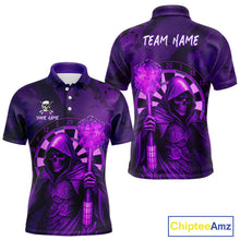 Load image into Gallery viewer, Personalized Purple Grunge Grim Reaper Darts Shirt For Men Custom 3D Darts Jersey Polo &amp; 1/4 Zip TDM4742