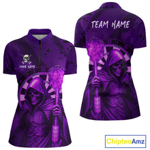 Load image into Gallery viewer, Personalized Purple Grunge Grim Reaper Darts Shirt For Women Custom 3D Darts Jersey Polo &amp; 1/4 Zip TDM4742