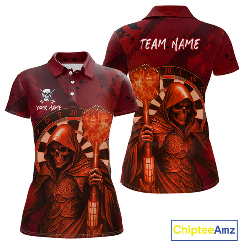 Personalized Red Grunge Grim Reaper Darts Shirt For Women Custom 3D Dart Team Jersey Polo & 1/4 Zip TDM4744