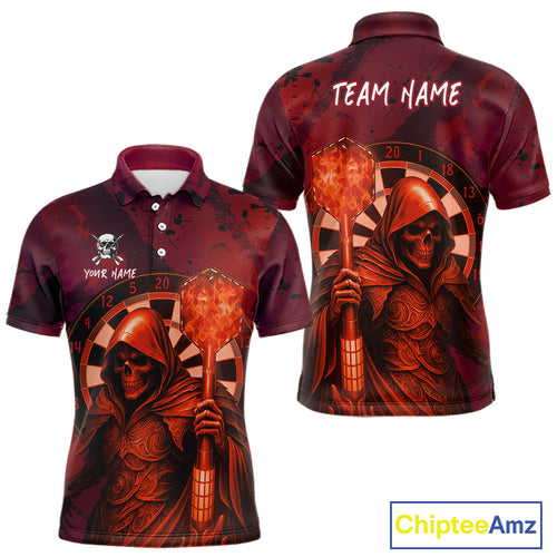 Personalized Red Grunge Grim Reaper Darts Shirt For Men Custom 3D Dart Team Jersey Polo & 1/4 Zip TDM4744