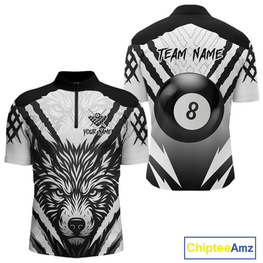 White Black Billiard Jersey Polo & 1/4 Zip Custom 8 Ball Pool Wolf  Billiard Team Shirt For Men TDM4518