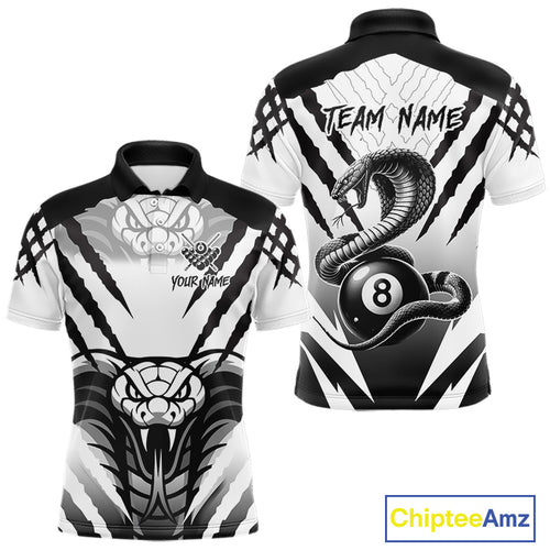 White Black Billiard Jersey Polo & 1/4 Zip Custom 8 Ball Cobra Snake Billiard Team Shirt For Men TDM4519