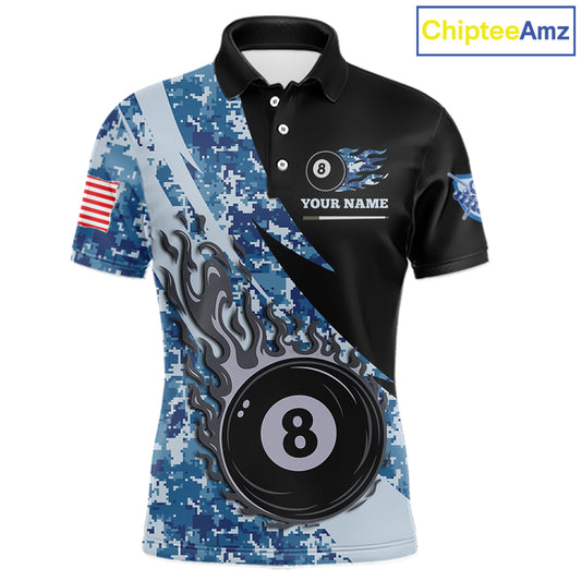Personalized flame 8 ball pool military blue camo billiard team jersey polo shirt for men, custom pool league apparel and tournament jersey with military camouflage design.